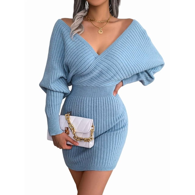 Vestido Mini de Punto Cruzado de Larga con de Murciélago para Cóctel para Mujer Azul L