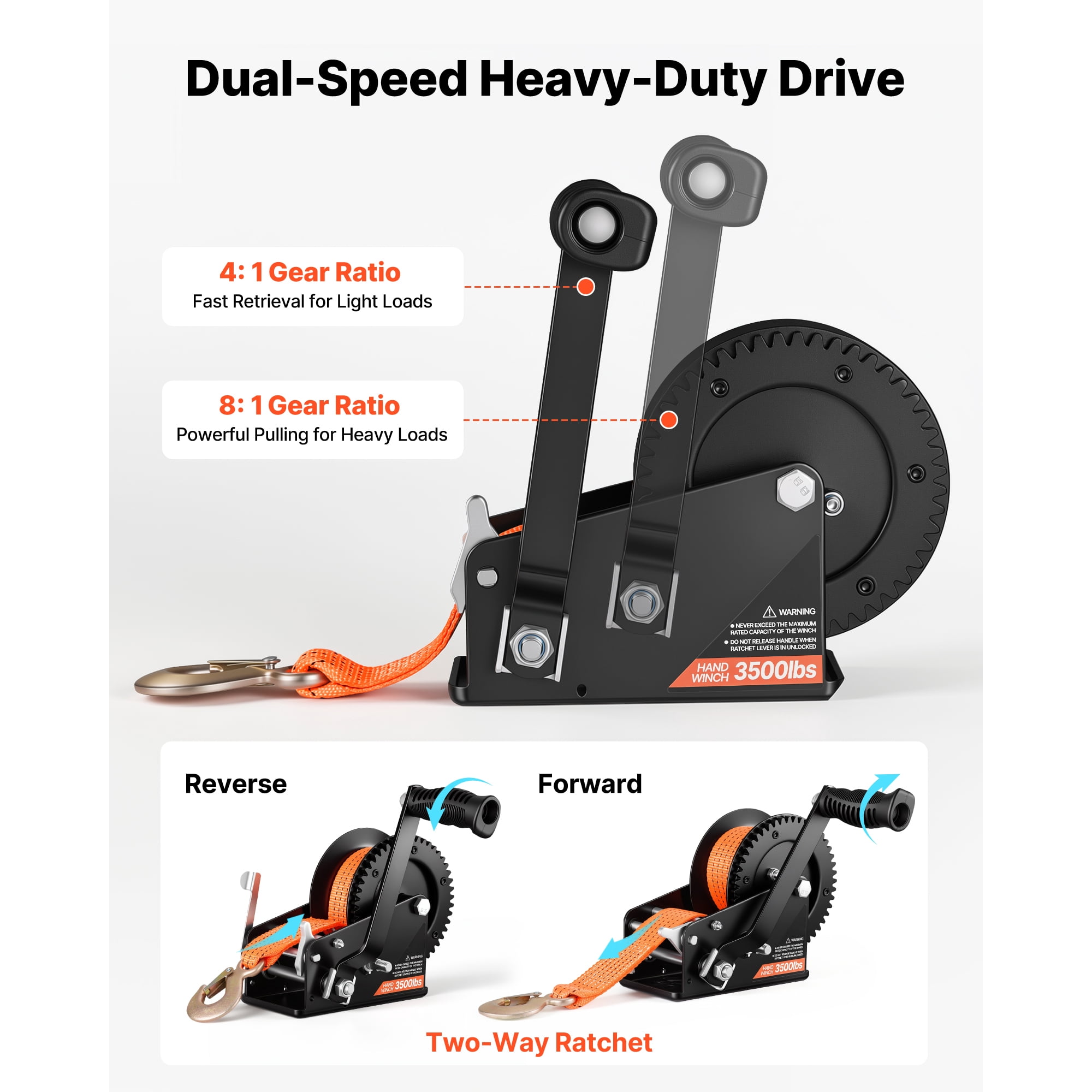 KFFKFF 3500 lbs Manual Boat Winch with 20ft Orange Polyester Strap, Two-Way Ratchet, 2-Speed Switch, and Anti-Slip Handle for Trailer and ATV Towing