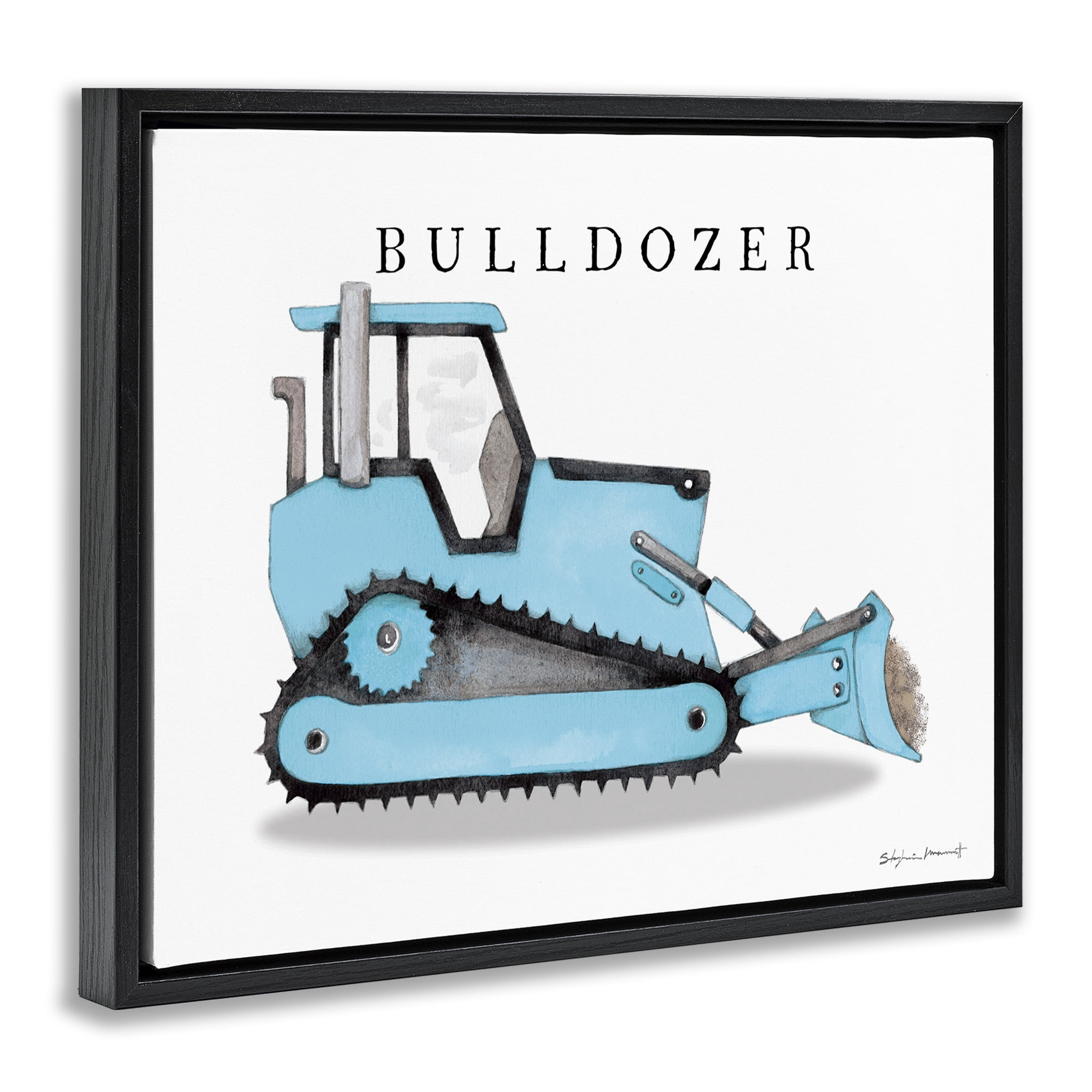 Stupell Industries Blue Bulldozer Construction Machine Art for Kids Painting Black Floater Framed Canvas Art Print Wall Art, 31 x 25