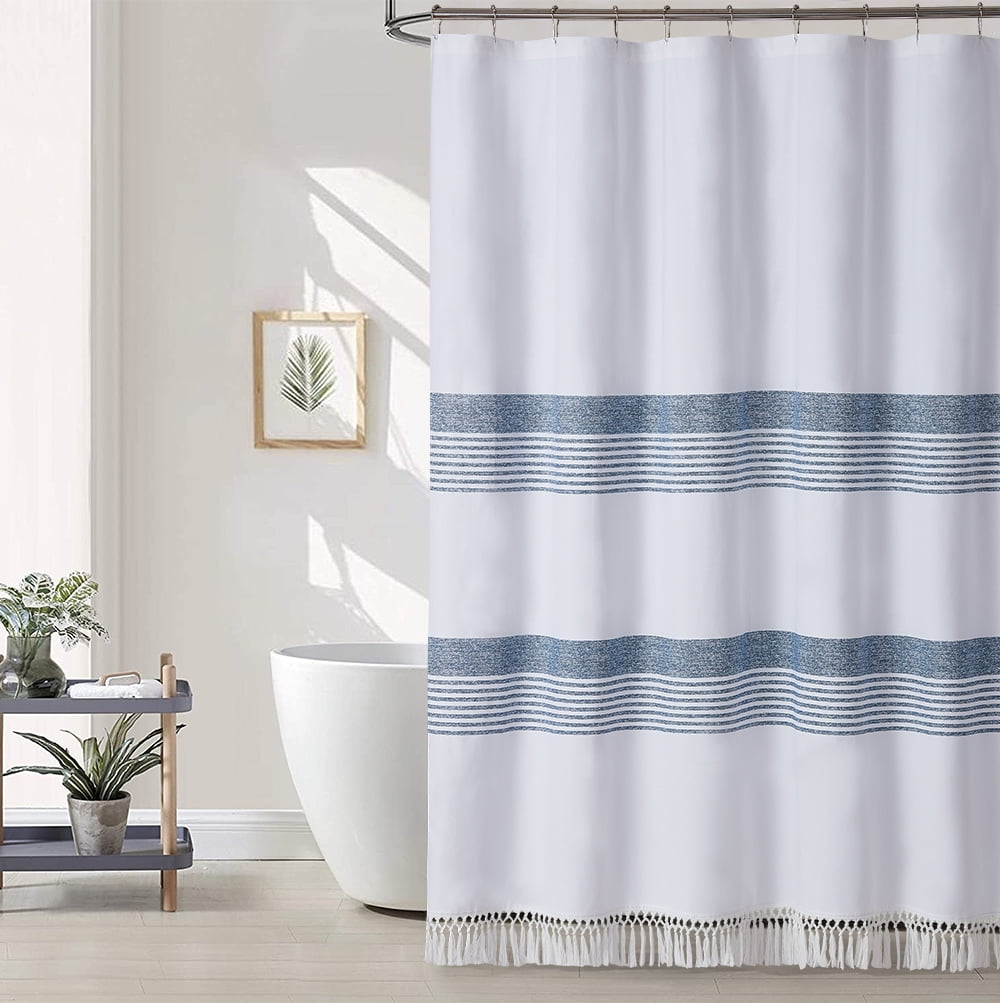 Modern White Farmhouse Shower Curtain with Tassels，Luxury 100 Cotton