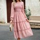 thumbnail image 5 of Vestido Estampado Floral Vestido de una línea para mujer Vestido midi plisado con cuello redondo Vestido largo fluido informal ajustado Kuymtek Rosa L para Mujer, 5 of 6