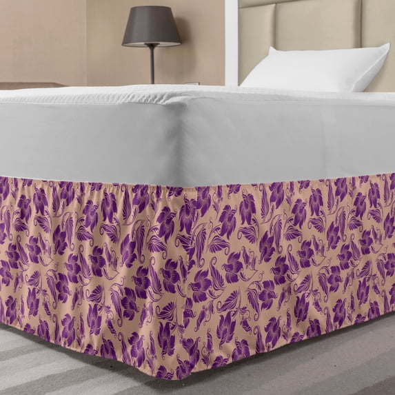 Floral Bed Skirt, Continuous Composition of Tropical Flowers Curly Ornaments Illustration, Elastic Bedskirt Dust Ruffle Wrap Around for Bedding Decor, 4 Sizes, Pale Salmon and Purple, by Ambesonne