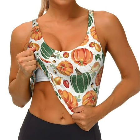 Qokaie Autumn Pumpkins Pattern Womens Scoop Neck Sports Bra Breathable Workout Vest Padded U Back Medium Impact Fitness Gym Yoga Bra Workout Crop Top