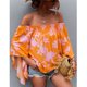 thumbnail image 2 of Blusa de verano con hombros descubiertos, dobladillo alto y bajo, manga acampanada, fruncida, estampado floral, 2 of 6
