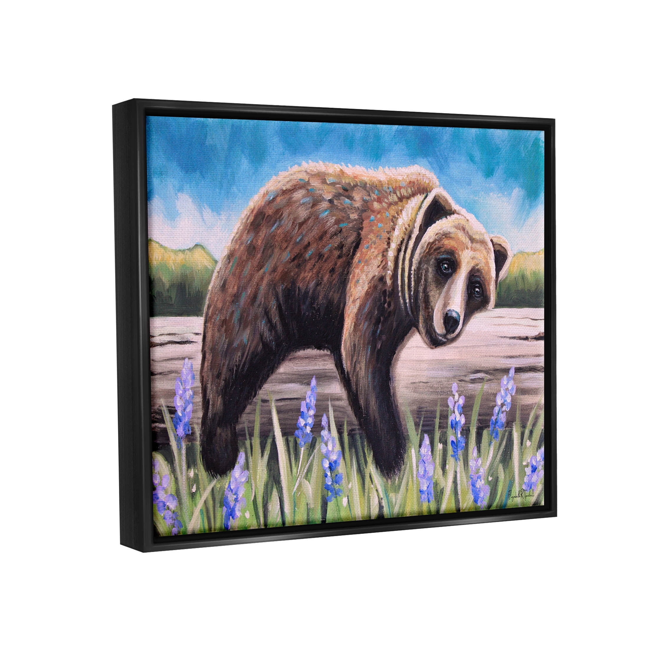 Stupell Industries Relaxing Bear Resting Tree Trunk Meadow Painting Jet Black Floating Framed Canvas Print Wall Art, Design by Elizabeth Tyndall