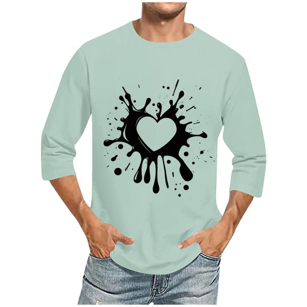 Camisetas de Manga Larga para Hombres, Día de San Valentín Impreso 3/4 Manga Camiseta de Fitness, Mezcla de Algodón Casual