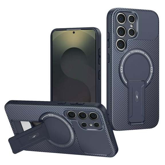 Stand for Samsung Galaxy S24 Ultra Case, Magnetic Compatible with Mag-Safe, Military Drop Protection, Shockproof Carbon Fiber Texture Hard PC TPU Bumper Case for Samsung Galaxy S24 Ultra, Blue
