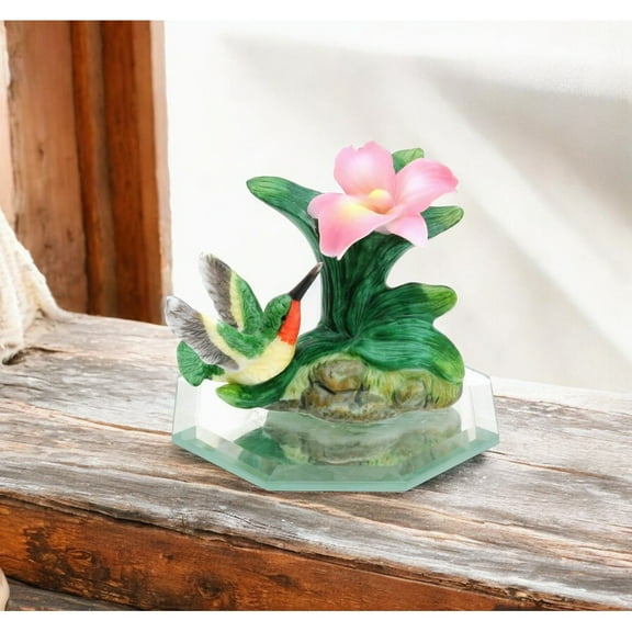 Ceramic Hummingbird Flower Figurine 2"H Glass Base Birdwatcher Gift Home Decor