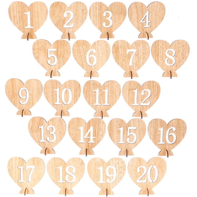 MasteelfCA 20pcs 1-20 Wooden Numbers with Holder Base Heart Shape Numbers for Wedding Decoration