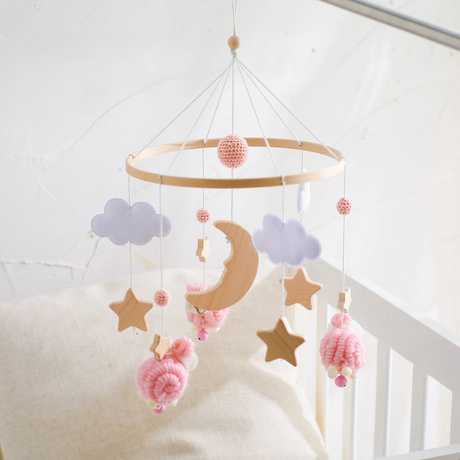 Baby Wooden Bed Bell Sheep Starry Moon Mobile Hanging Rattles Toys Hanger Crib Mobile Bed Bell Toys Holder Arm Bracket Kid Gifts
