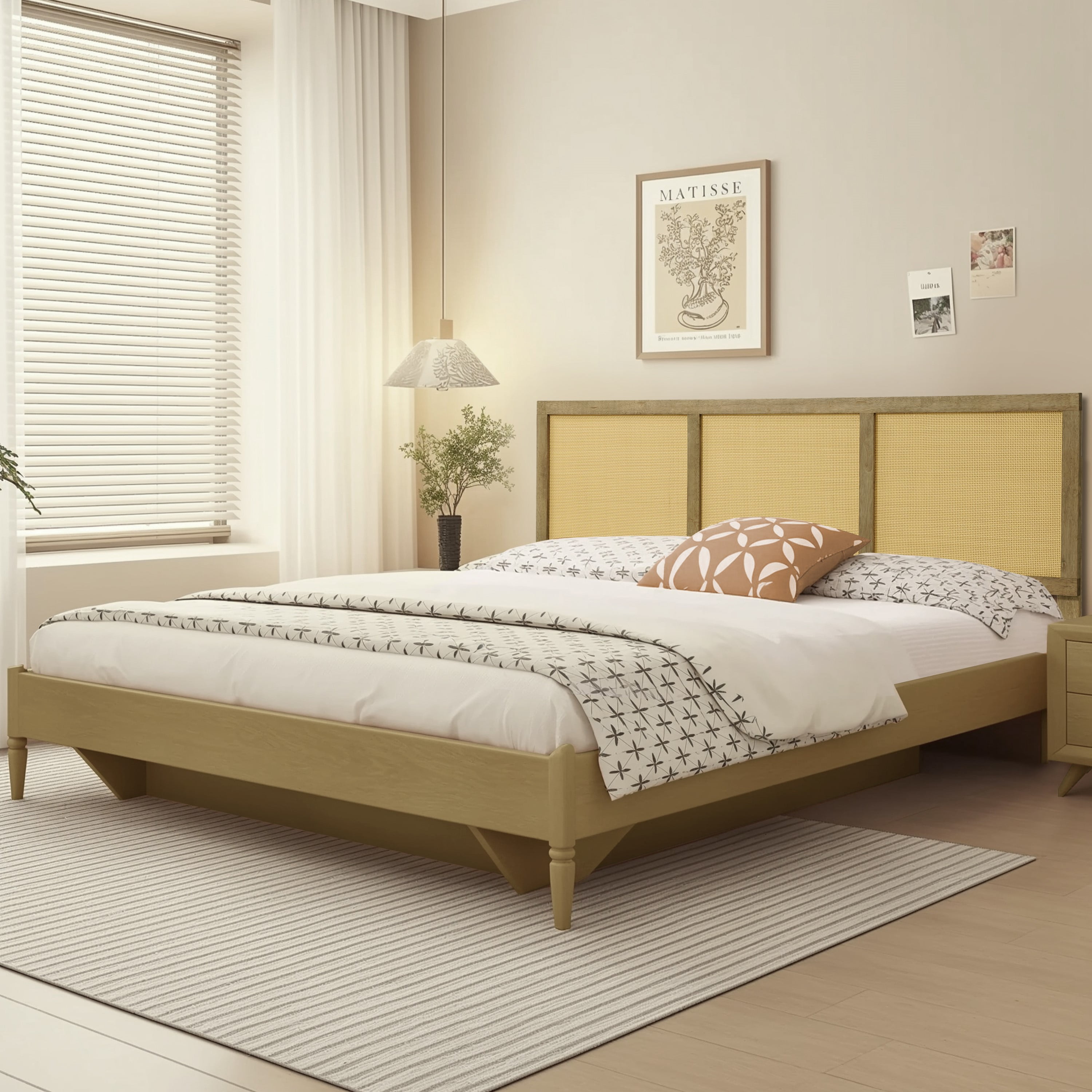 LuxenHome Natural Finish Rubberwood with Rattan Panels Headboard, Queen