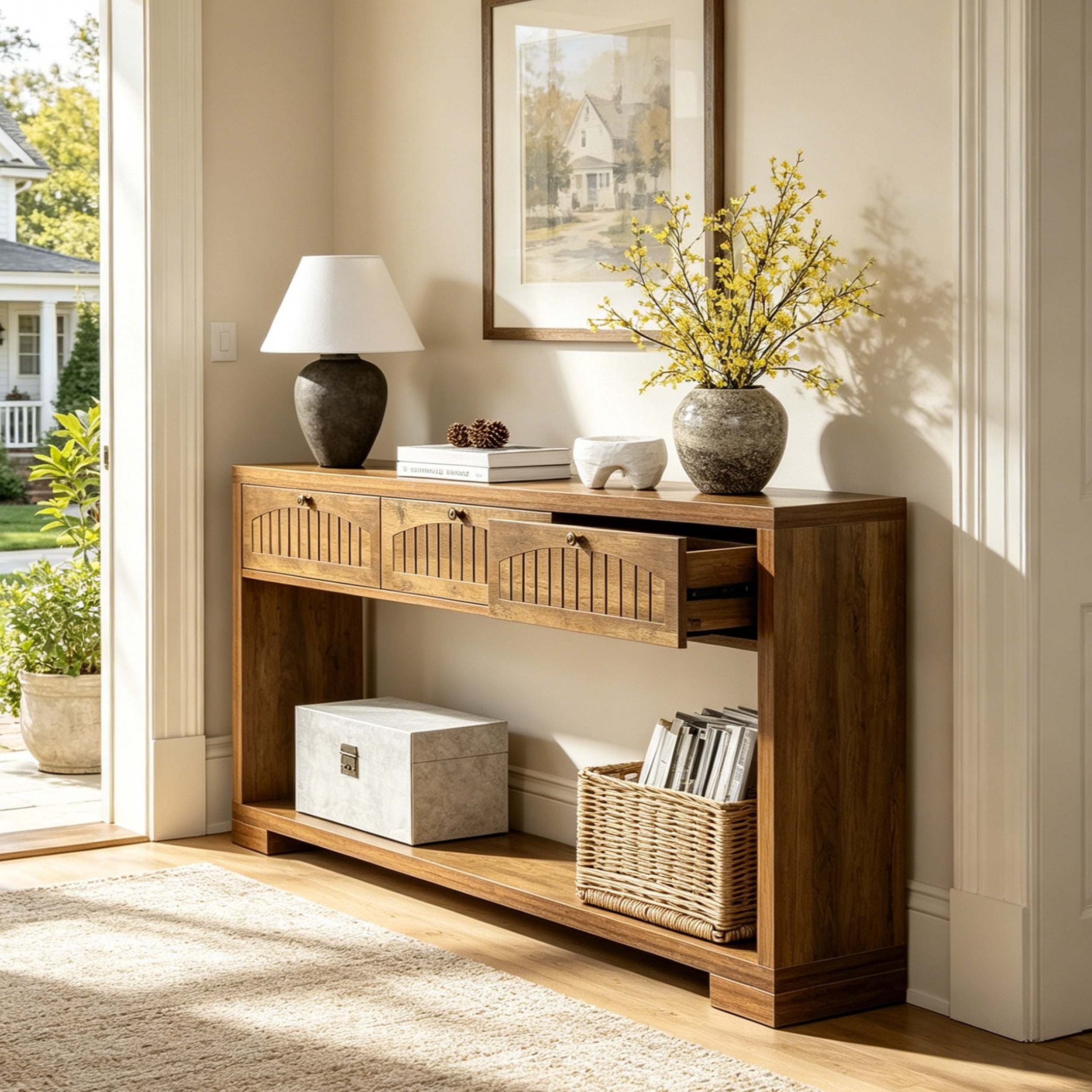 Fnova 70.8" Farmhouse Console Table, 3-Drawer Narrow Entryway Table with Open Shelf, Long Narrow Sofa Table for Living Room, Hallway, Foyer