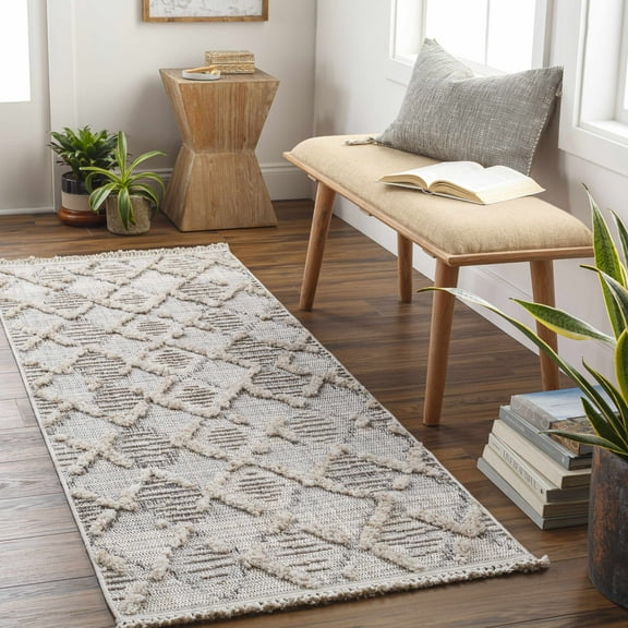 Hauteloom Bogtong Farmhouse Living Room Bedroom Moroccan Trellis Runner Rug - Soft Shaggy High Low Carpet - High Pile - Bohemian, Boho - Gray, Beige, Cream - 2'7" x 7'3"