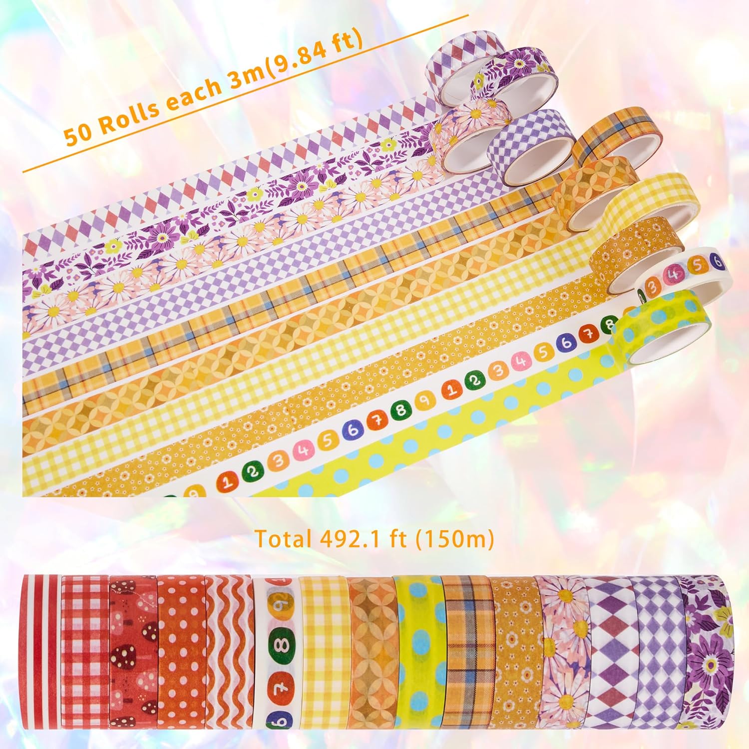 50 Rolls Washi Tape Set, 15mm Wide Rainbow Colored Tape Aesthetic Design Masking Decorative Tape for Scrapbooking Supplies, Bullet Journaling, Junk Journal, Wrapping Planners, DIY Arts Craft