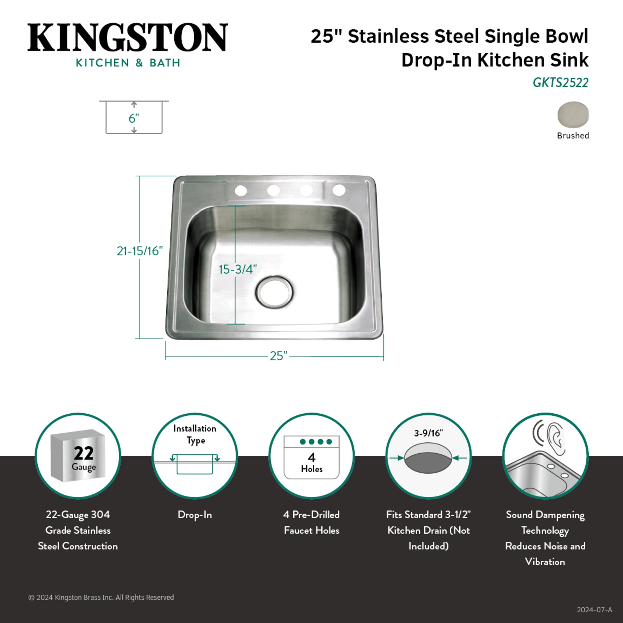 Gourmetier GKTS2522 Studio 25" Stainless Steel Self-Rimming Single Bowl Drop-In Kitchen Sink, Brushed
