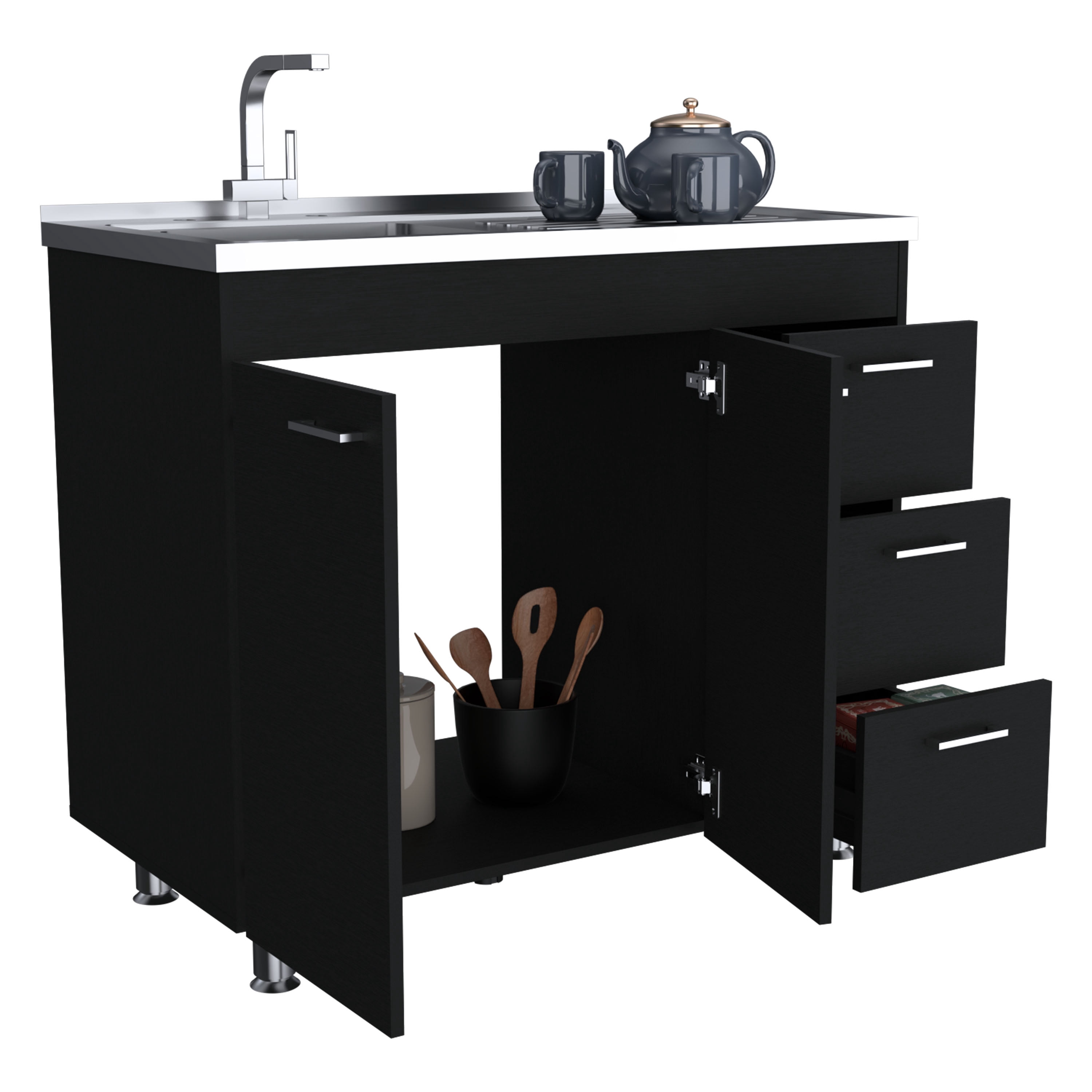 Izzovium Ferretti Utility Sink with Three Drawers and Double Door Cabinet, 39.4in L x 20.4in W x 30.8in H, Black, Particle Board Construction for Laundry or Kitchen