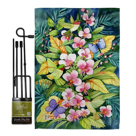 Breeze Decor BD-BI-GS-105055-IP-BO-D-US18-WA 13 x 18.5 in. Orchids & Hummingbirds Garden Friends Birds Impressions Decorative Vertical Double Sided Flag Set with Banner Pole