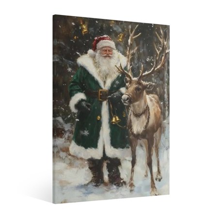 Vintage Christmas Green Santa Claus and Elk Wall Art Paint - Retro Xmas Festive Winter Holiday Christmas Wall Decor Canvas for Living Room Kitchen Bathroom Home Bedroom Decor Framed