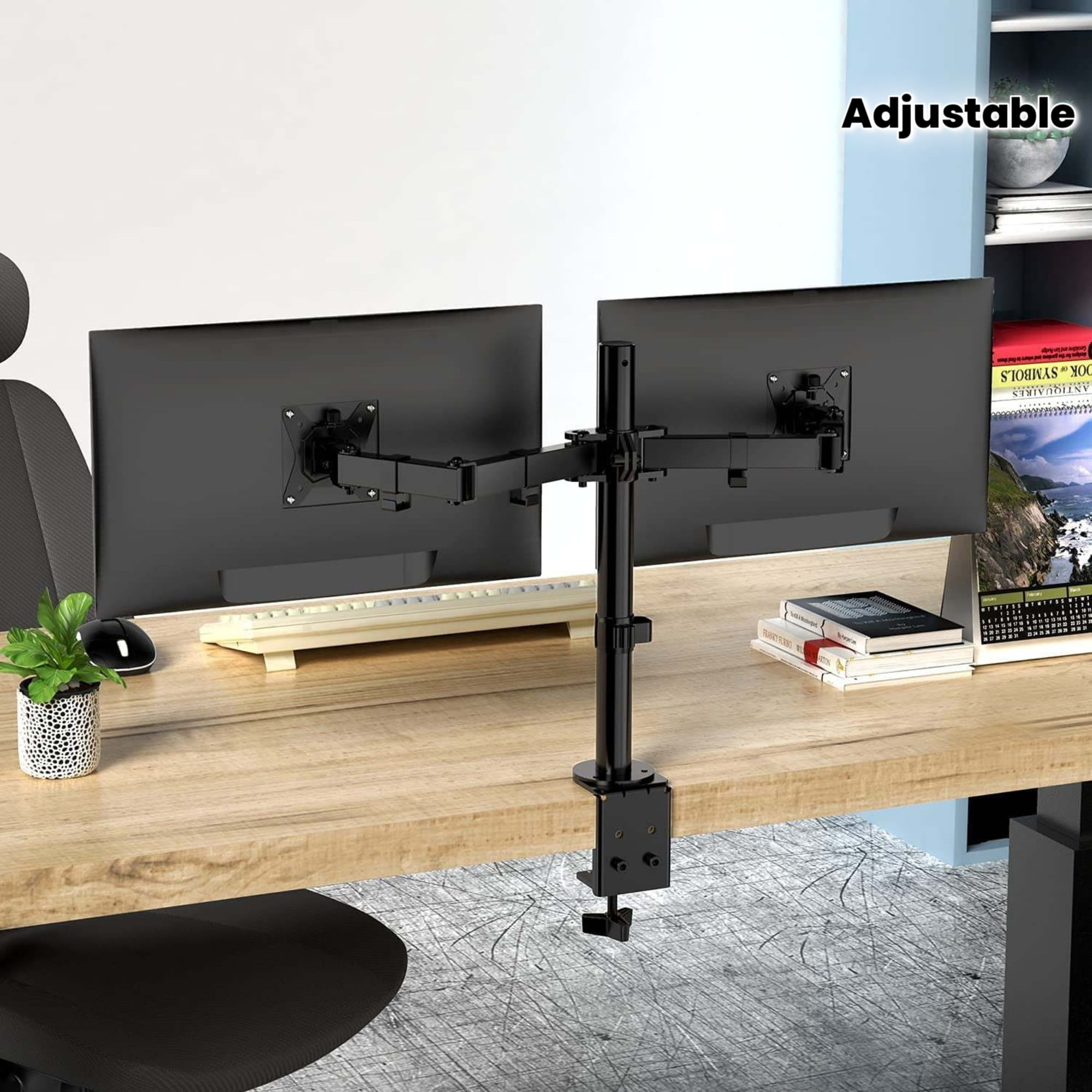 Heavy Duty Dual Monitor Stand for 13-32 Inch Screens, Fully Adjustable Desk Mount with C-Clamp/Grommet, 45° Tilt 360° Rotation, VESA 75/100, Holds 17.6lbs per Arm, Black