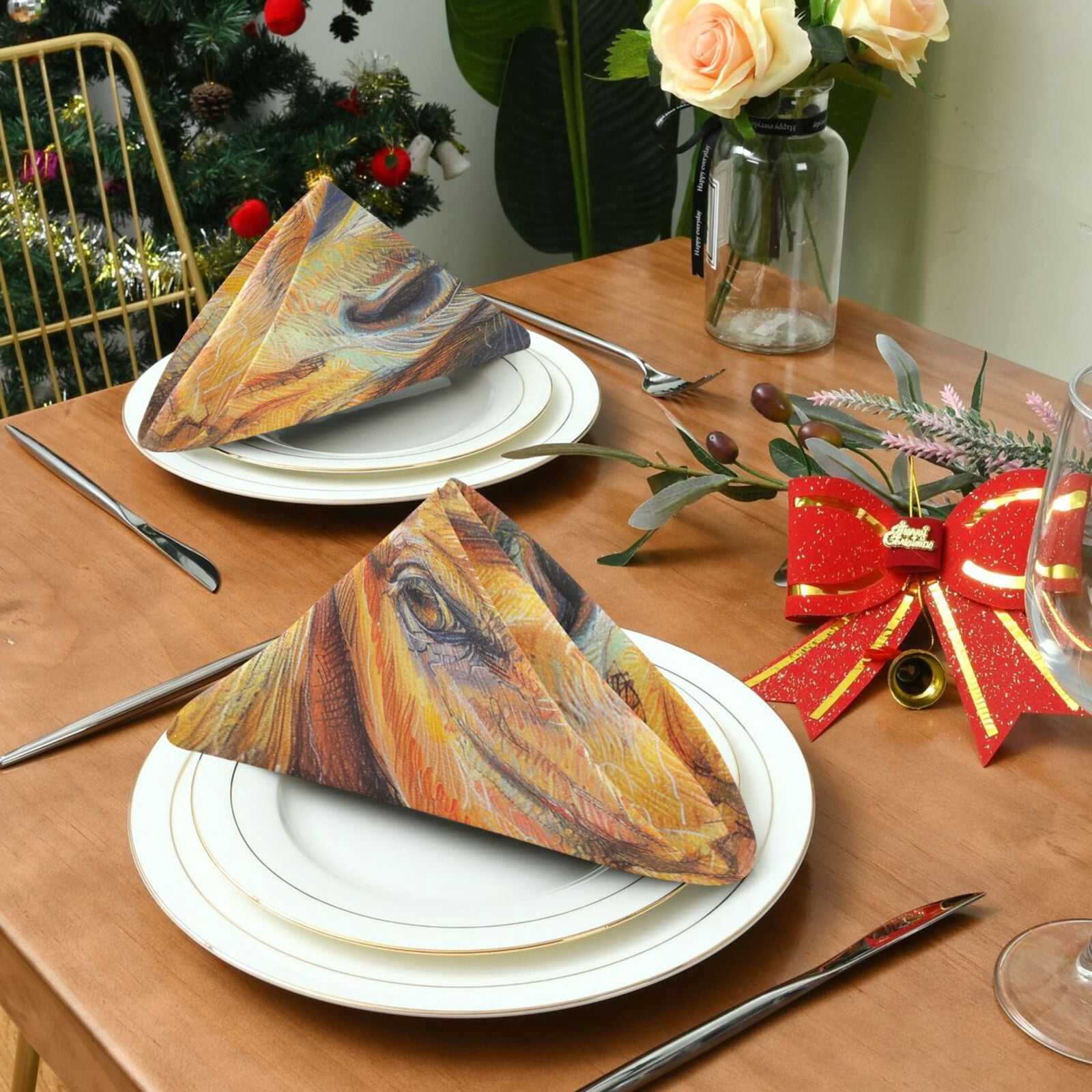 JSTEL Horse Head Crayon Drawing Cloth Napkins Set of 6, 20x20 Inch Washable and Reusable Napkin for Decoupage Dinner Party Everyday Use