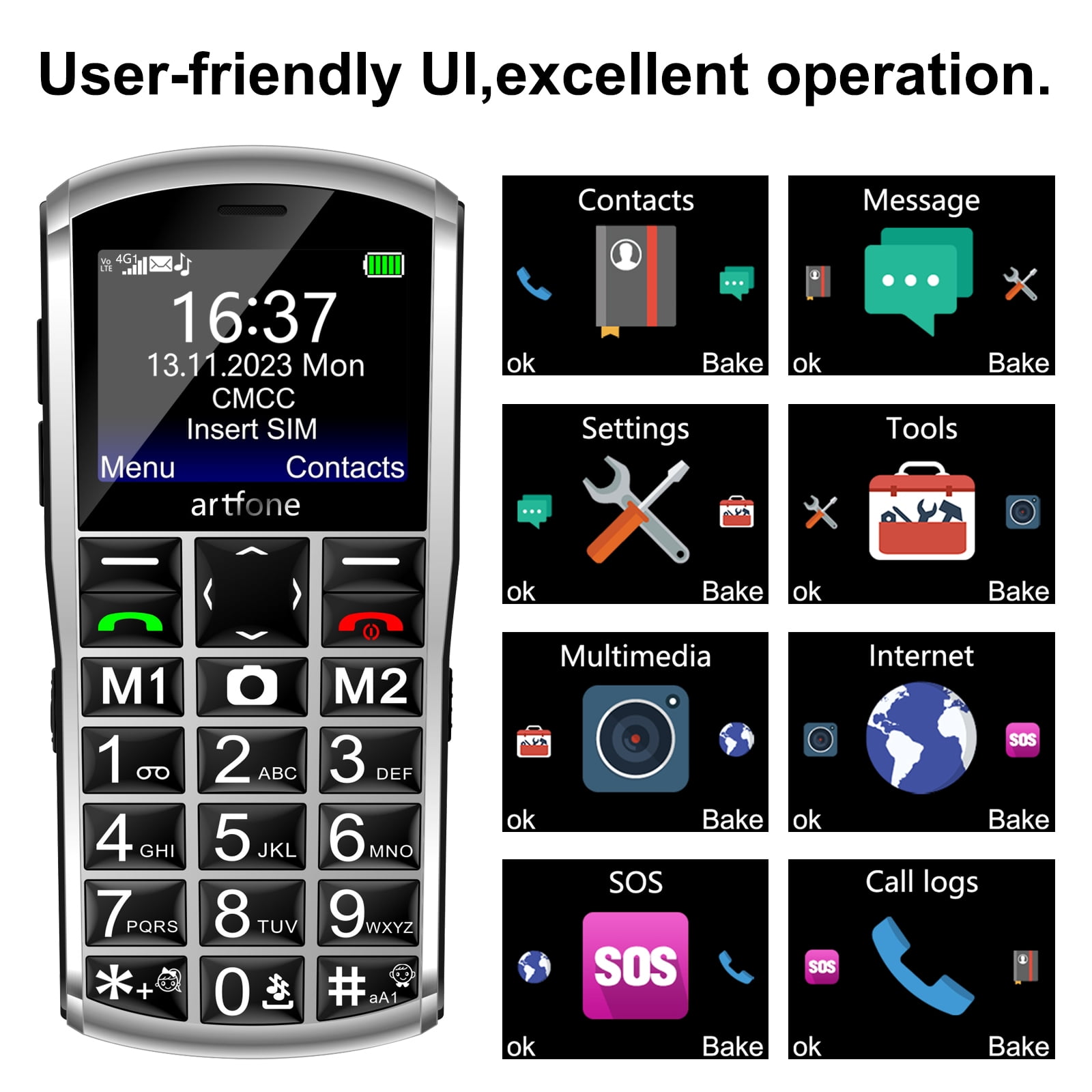 artfone 4G Volte Unlocked Cell Phones, Mobile Phone for Seniors with SOS Button, 2MP Camera, 2.4" Display, Loud Volume, USB-C &Dock Charging, Talking Numbers, 1800mah Battery, Silver
