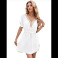 thumbnail image 1 of Robe de Plage Ample à Manches Courtes pour Femmes, Col en V Profond, Blanc, Taille g, 1 of 8