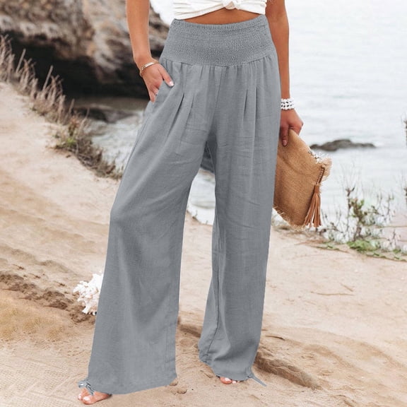 Dwellite Women Palazzo Pants Summer Flowy Wide Leg High Waist Lounge Trousers with Pockets Casual Beach Vacation Pant Gray L