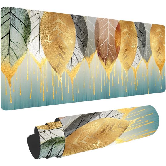 Spring Sense Mouse Pad Gold Leaf Drops Mat, 31.5 x 11.8 Inch Desk Sets Non-Slip Rubber Base for Office Laptop, XL Mousepad Waterproof for Gaming Keyboard Pad Home Decor Mat, Leaves Texture BDZXSE031