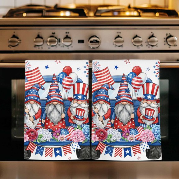 4th of July Kitchen Towels Set of 3, USA Flag Firework Independence Day Gnomes Absorbent Dish Towels for Kitchen, Microfiber Hand Towel, Quick Drying Tea Towel for Cleaning Decorative Dishcloths