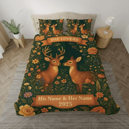 Personalized Deer Couple Bedding Set - Custom The Lovers Romantic Floral Bed Set