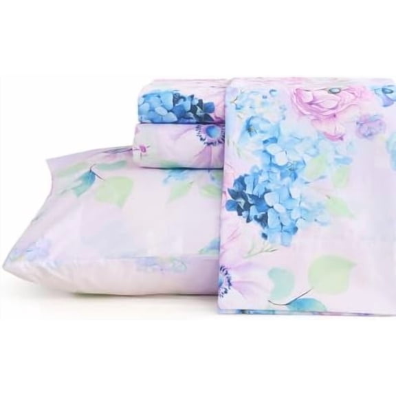 Purple Hydrangea Floral Sheet Set King Size, 4 Piece Printed Microfiber Bed Sheets Deep Pocket