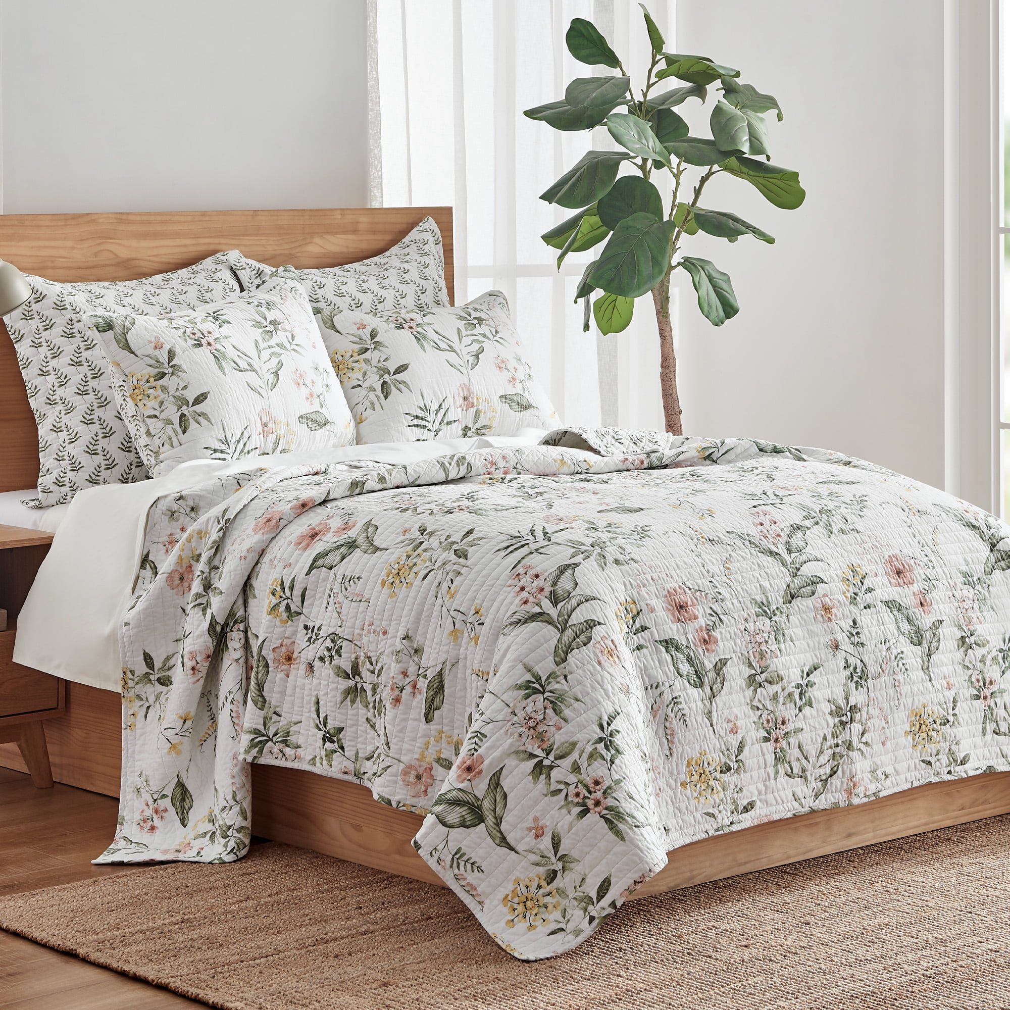 Levtex Home - Viviana Quilt Set - King Quilt + Two King Pillow Shams - Botanical Floral - Coral, Green, Yellow, Cream - Quilt (106x92in.) and Pillow Shams (36x20in. ) - Reversible - Cotton