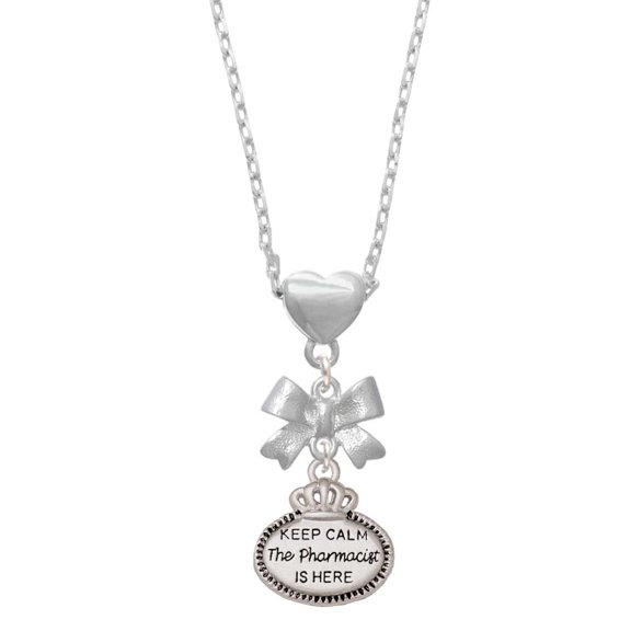 Delight Jewelry Silvertone Keep Calm The Pharmacist is Here Silver tone Bow Heart Necklace
