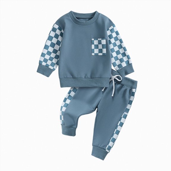 Linfrsh Toddler Baby Boy Fall Winter Outfits Letter Crewneck Sweatshirt Casual Pants 2Pcs Clothes Set (Blue,12-18 Months)