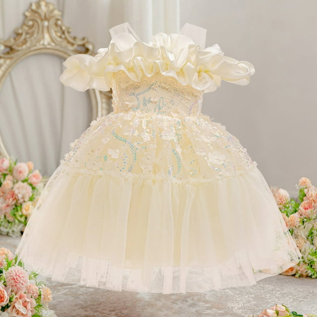 Robes Formelles pour Filles Robe de Bal Épaules Dénudées Robe en Tulle Robe d'Anniversaire pour Filles 2-3 Ans
