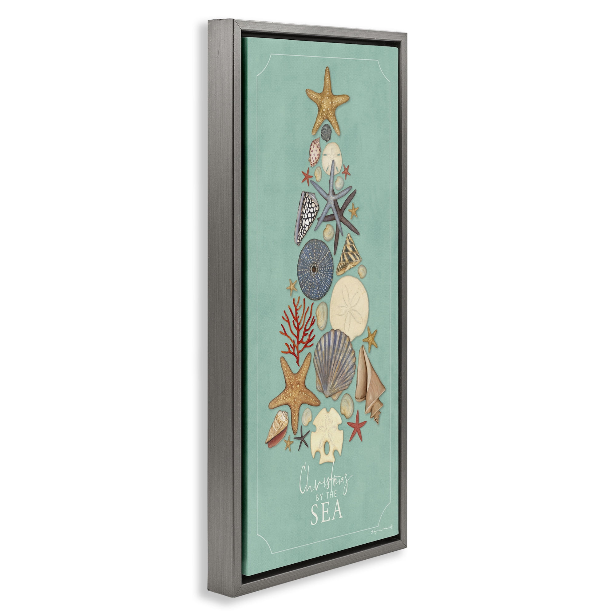 Stupell Industries Seashell Holiday Tree Holiday Painting Gray Floater Framed Canvas Art Print Wall Art, 15 x 31