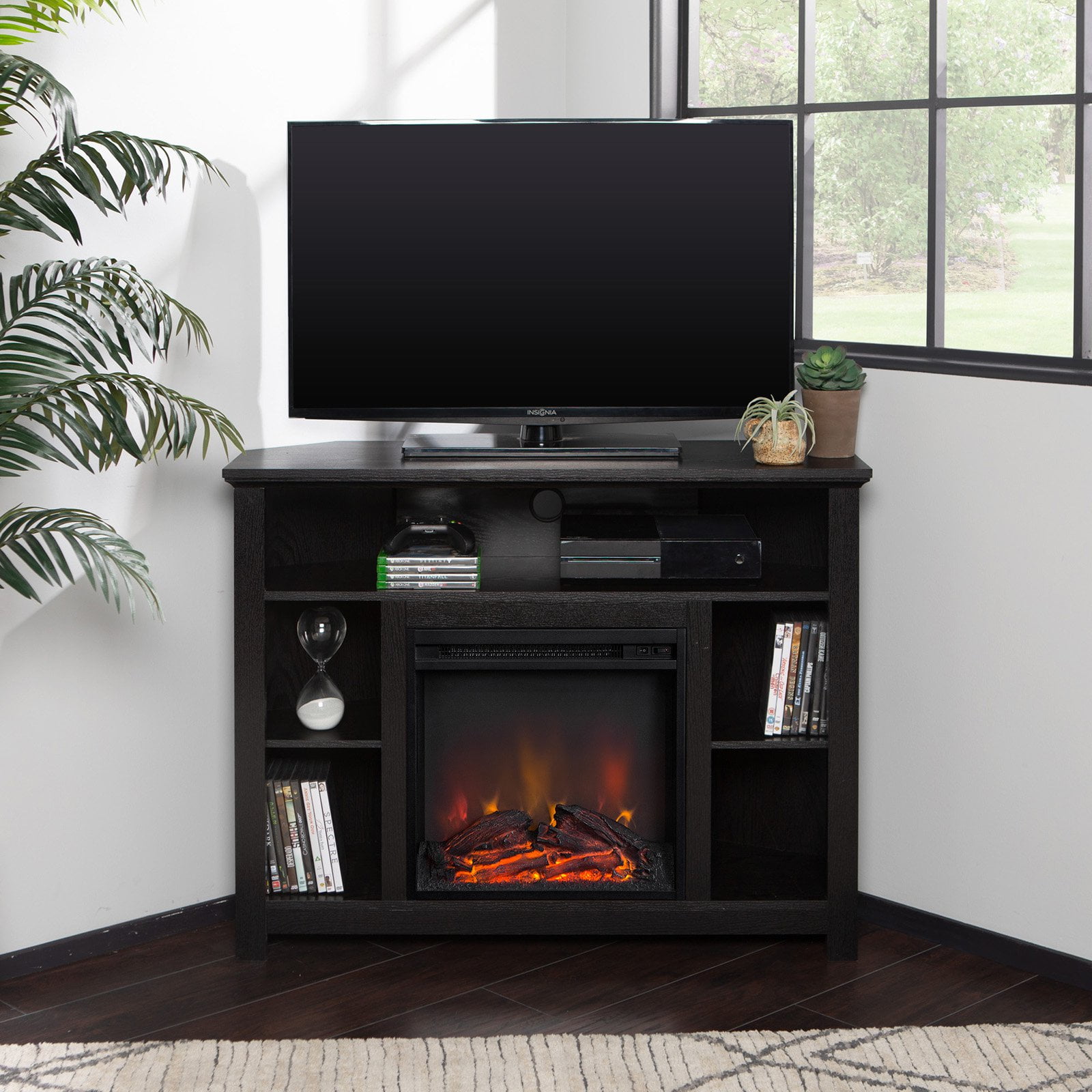 44" Engineered Wood Corner Fireplace TV Stand - Black - Sansujyuku
