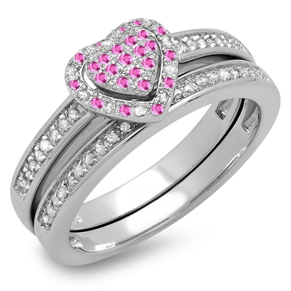 Dazzlingrock Collection Sterling Silver Pink Sapphire & White Diamond Heart Shaped Ring Set, Size 7.5
