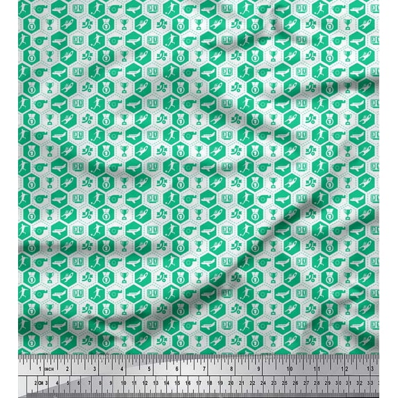 Soimoi Green polyester Crepe Fabric Airplane,Trophy & Geometric Symbol Decor Fabric Printed Yard 52 Inch Wide