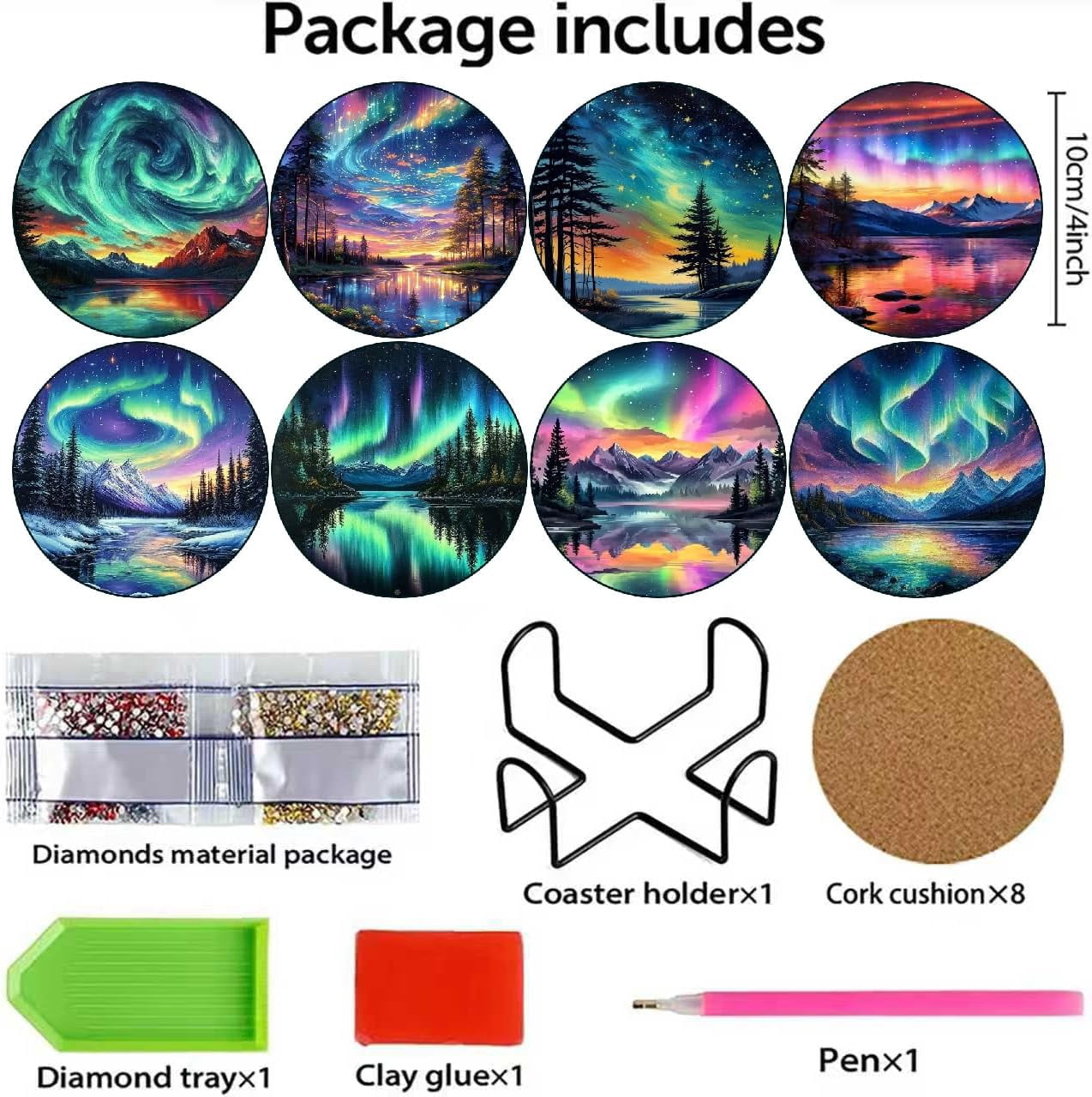 Aurora Diamond Art Coasters Kits with Holder, Landscape Diamond Painting Coasters Kits, DIY 5D Nature Scenery Diamond Dots Full Drill Art Craft Supplies