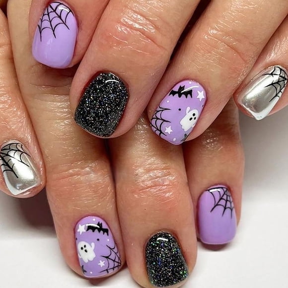 Uñas postizas adhesivas Posyofet moradas de Halloween, cuadradas y cortas