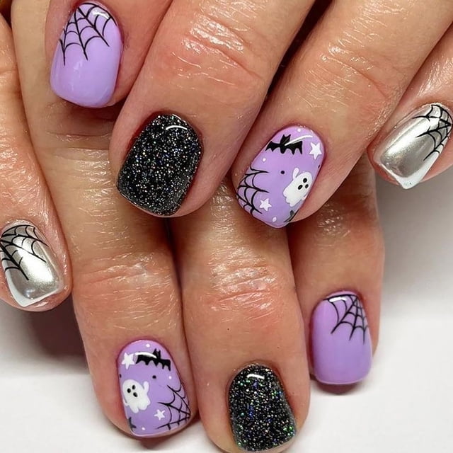Uñas postizas adhesivas Posyofet moradas de Halloween, cuadradas y cortas