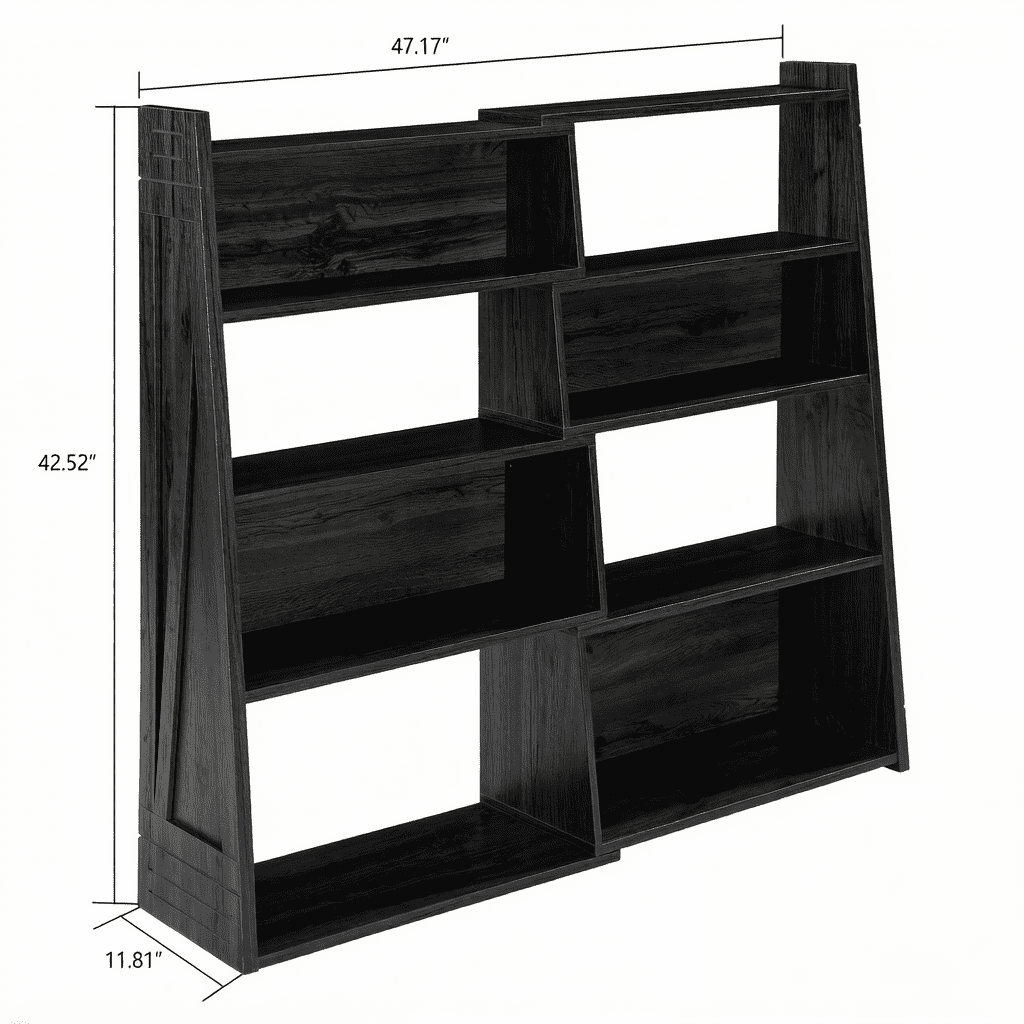 Modular Asymmetrical Bookshelf with 3 Configurable Layouts, Foldable Display Shelf and Staggered Storage Bookcase, Black Woodgrain