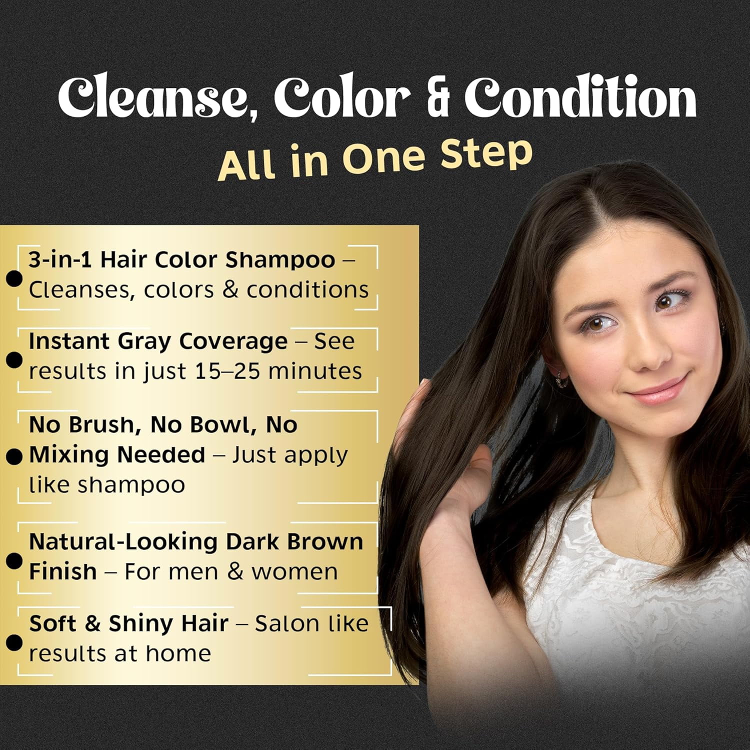 Herbishh Dark Brown Hair Color Shampoo for Gray Hair, Hair Dye Shampoo 3 in 1, 100% Gray Coverage,  Easy Application Shampoo Para Canas, Permanent Hair Color for Men & Women, Ammonia-free, 500 ml