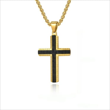 Metaljc Carbon Fiber Stainless Steel Cross Necklace for Men, Religion Jewelry Gift, 24 In