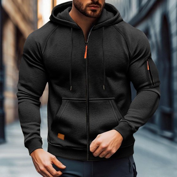Men's Winter Raglan Sleeve Hoodie Soft Fleece Full Zip Athletic Jacket Wind Resistant Loose Causal Hoodies, M
