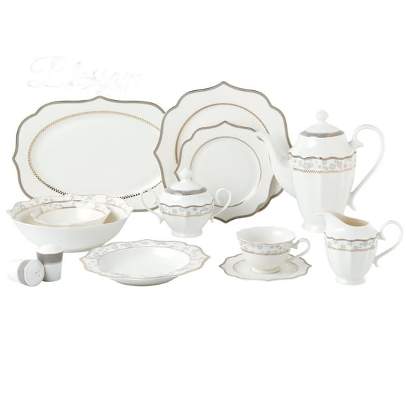 Stylish and Elegant 57 Pieces Bone China Dinnerware Set Service for 8 People - Wavy Gold Mix and Match, Blossom