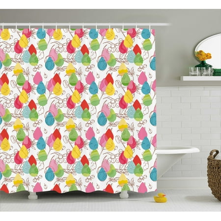 Modern Decor Shower Curtain, Rainbow Colored Ombre Abstract Raindrop Backdrop with Leaves and Flowers Image, Fabric Bathroom Set with Hooks, 69W X 70L Inches, Multicolor, by Ambesonne