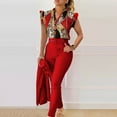 thumbnail image 5 of PMUYBHF Outfits for Women 2024 Plus Size Outfits for Women Clubwear Red Women Casual Fashion Print Ruffle Sleeve Vest Shirt Blouse Betton Pant with Belt Set Suits, 5 of 7