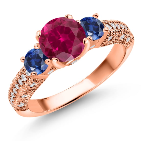 Gem Stone King 18K Rose Gold Plated Silver Red Created Ruby Blue Created Sapphire and White Moissanite Engagement Ring for Women (2.13 Cttw, Gemstone July Birthstone, Round 7MM and 4MM, Size 9)